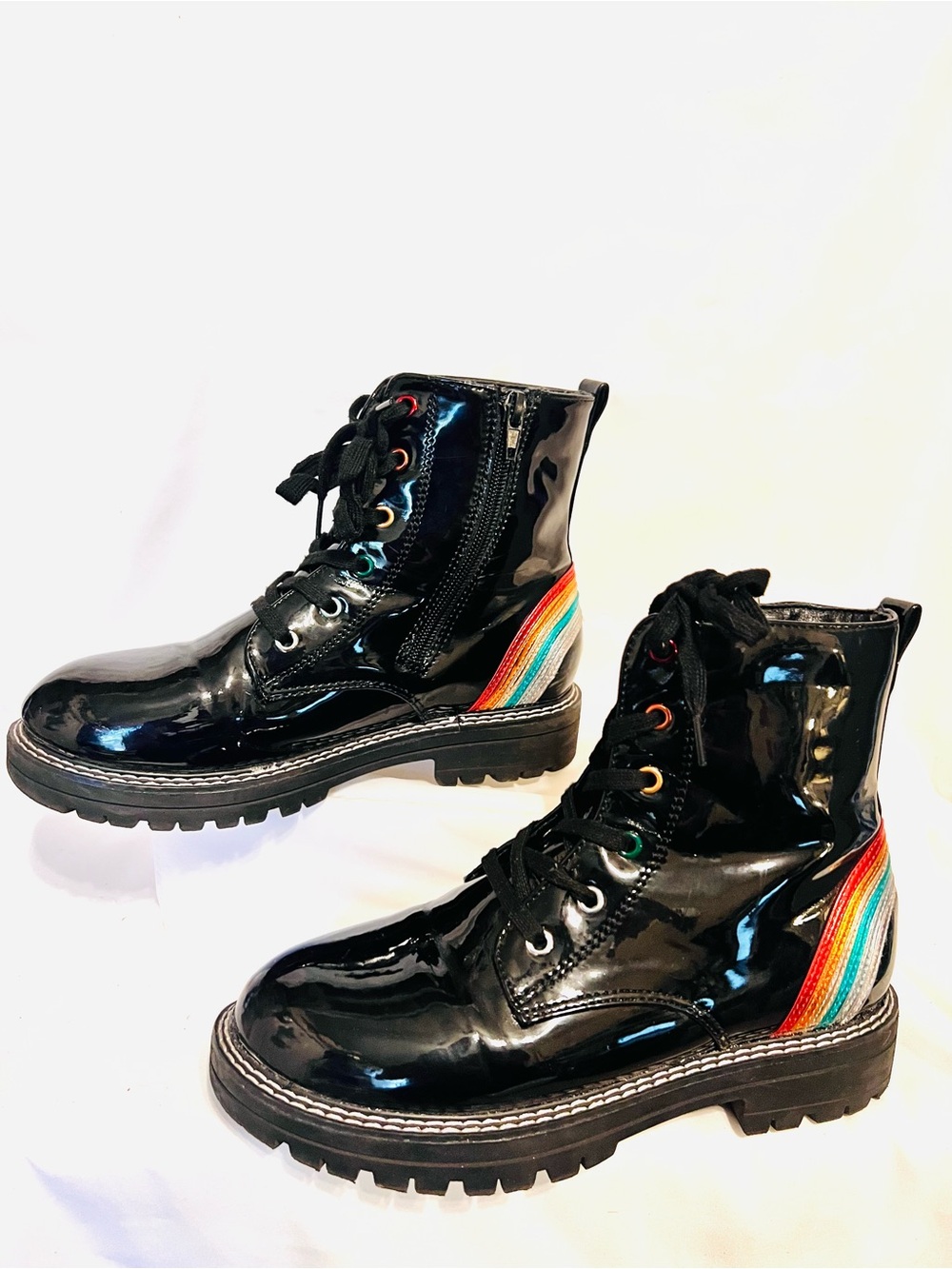 MIA Black Patent Kids/Girls Size 5 Lace-Up Boots with Rainbow Stripes/Eyelet-Zip